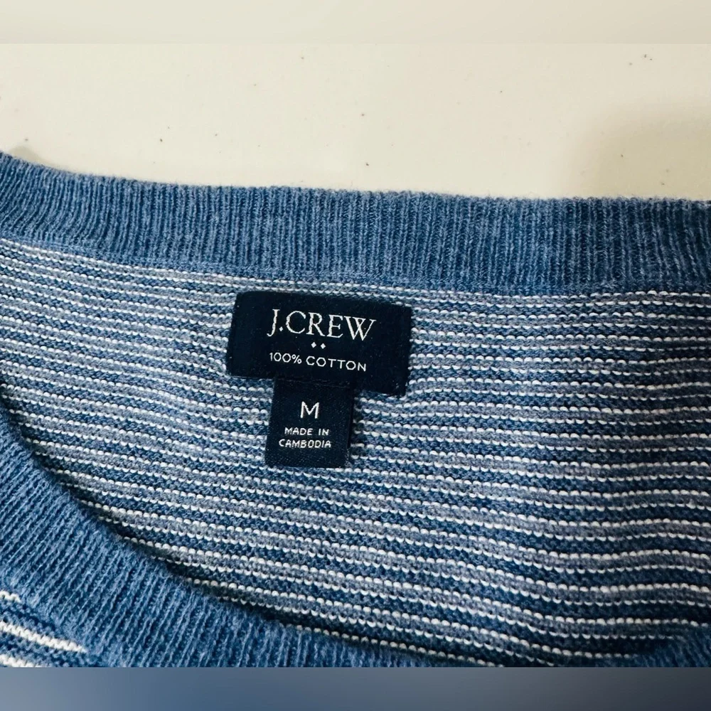 J. CREW BLUE-WHITE STRIPE PULLOVER SWEATER, RIB KNIT CREW NECK, CUFFS, HEM, SZ M